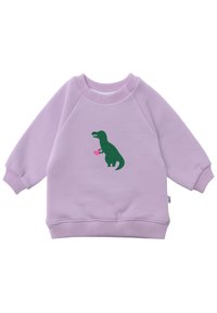 Lila Sweatshirt mit Raglanärmel, ausgestattet mit einem grünen Dinosauriergrafik, der ein pinkes Herz hält. Weicher Stoff und gerippte Bündchen am Saum.