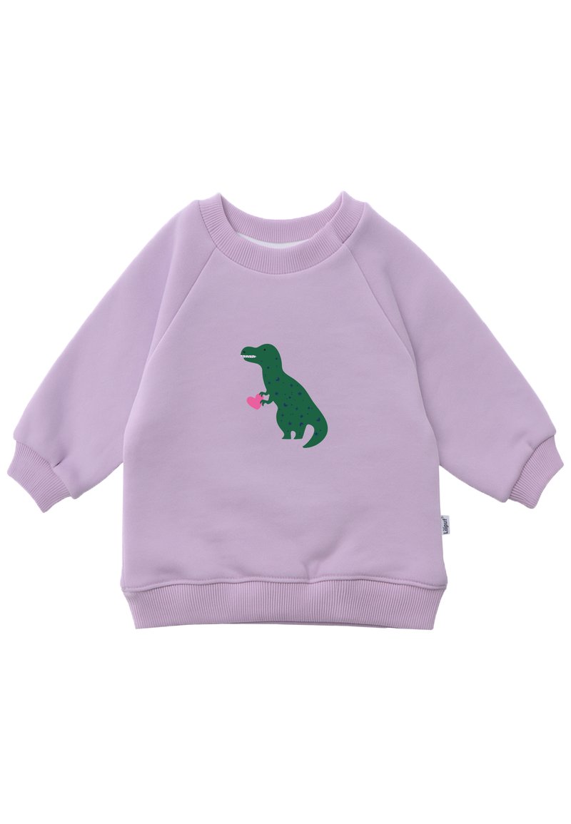 Lila Sweatshirt mit Raglanärmel, ausgestattet mit einem grünen Dinosauriergrafik, der ein pinkes Herz hält. Weicher Stoff und gerippte Bündchen am Saum.