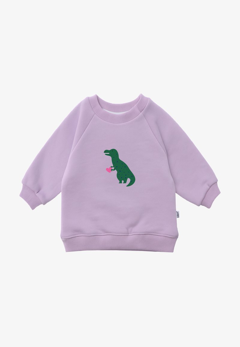 Lila Sweatshirt mit Raglanärmel, ausgestattet mit einem grünen Dinosauriergrafik, der ein pinkes Herz hält. Weicher Stoff und gerippte Bündchen am Saum.