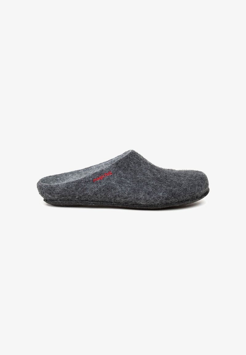 Grey felt slipper with a soft texture, rounded shape, and black rubber sole. Features a small red logo on the side.