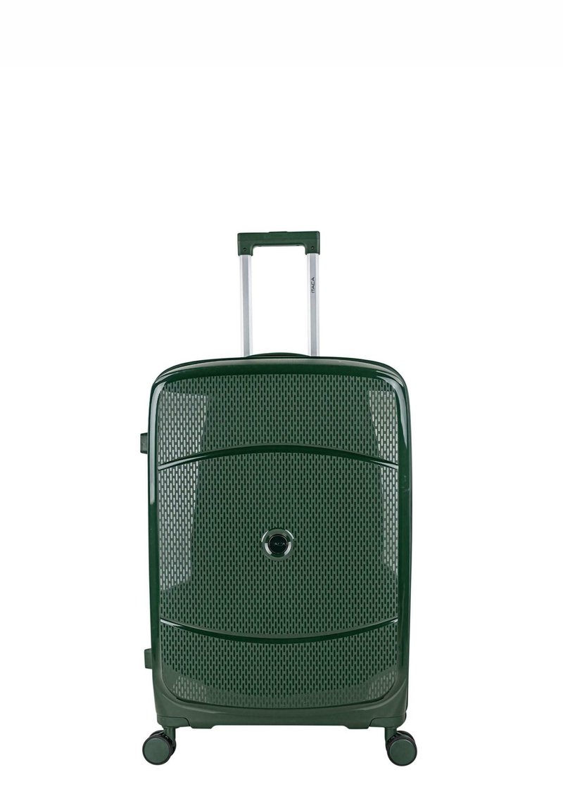 Maleta rígida verde con diseño de malla, asa telescópica plateada, cuatro ruedas y un logo redondo en la parte delantera.