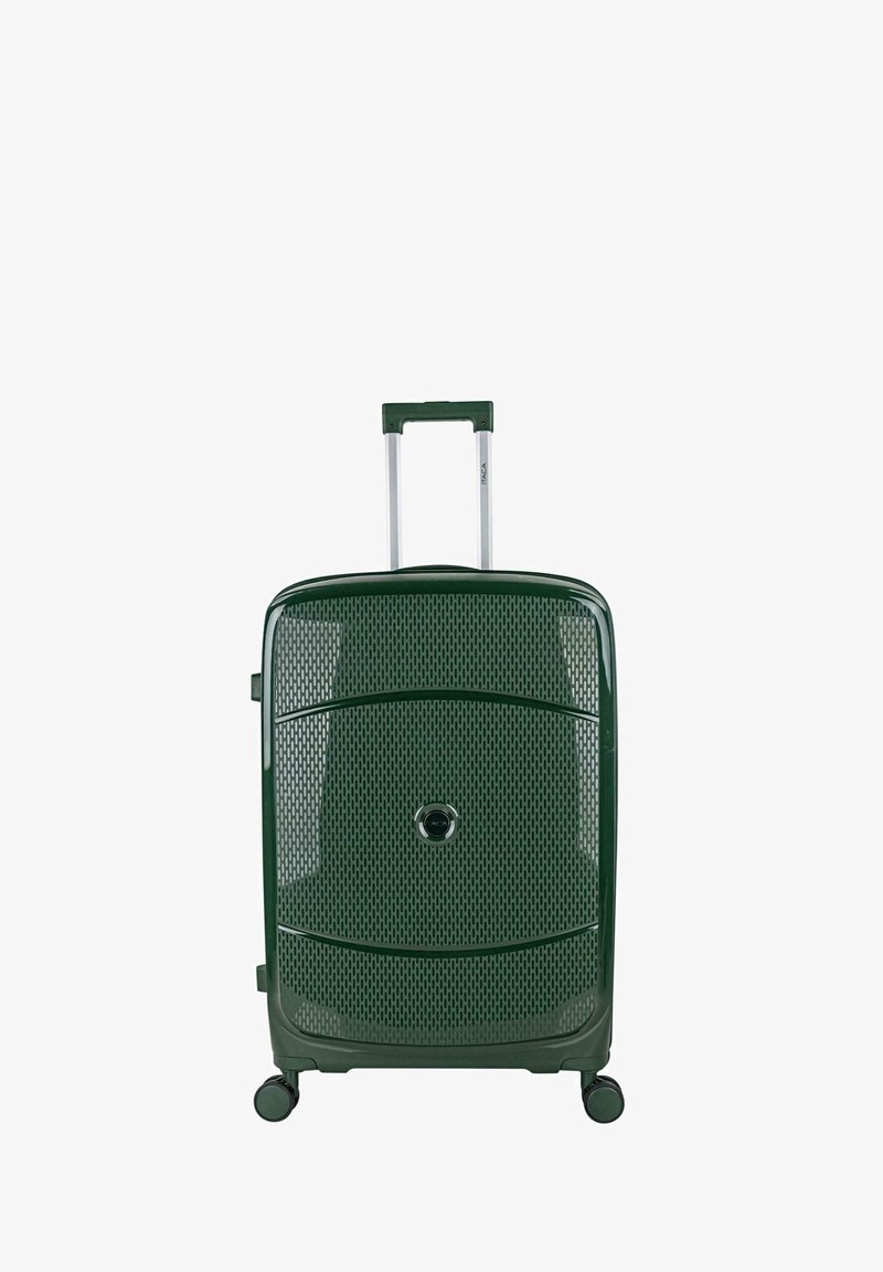 Maleta rígida verde con diseño de malla, asa telescópica plateada, cuatro ruedas y un logo redondo en la parte delantera.