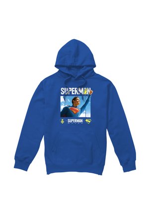 Blue hoodie with Superman graphic showing him flying upward, "SUPERMAN" text above and below the image, and Superman logo icons.