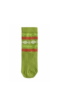 Zelené ponožky so vzorom striedajúcich sa červených a bielych kosoštvorcov; text "GRINCH" integrovaný do dizajnu.