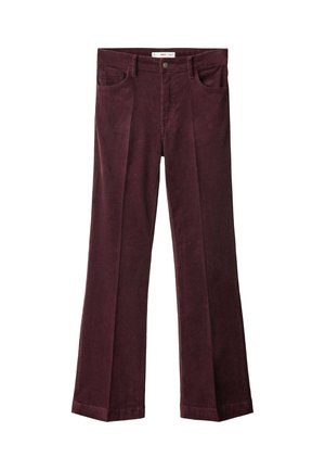 Burgundy corduroy flared trousers with a high waist, five-pocket design, and subtle ribbed texture. Features a button and zipper closure.