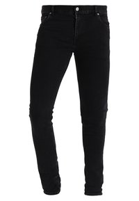 Černé denimové džíny s úzkým střihem, s krytým zipem, pěti kapsami a jemným efektem použití na látce pro zvýšení textury.