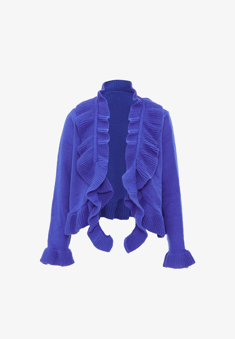Fialový pletený kardigan s řaseným předním dílem, vysokým límcem a žebrovanými manžetami. Design je vpředu otevřený a má zkrácenou délku.