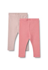 Deux paires de leggings avec une taille élastique ; l'une rose clair et l'autre corail, fabriquées en coton doux et extensible.