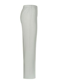 Lichtgrijze, ribbelige, enkellange broek met een elastische tailleband. Glad textuur, rechte snit, geen zichtbare zakken of metalen details.