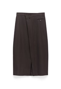 Donkerbruine rok tot de knie met riemlussen, een voorplooitje, zijzak en een achterzak met knopen.