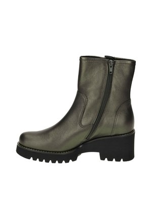 Metallic green ankle boots with a side zipper, round toe, chunky black heel, and textured rubber sole. Smooth leather-like finish.