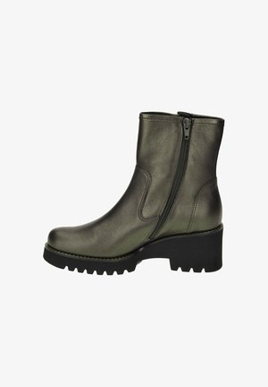 Metallic green ankle boots with a side zipper, round toe, chunky black heel, and textured rubber sole. Smooth leather-like finish.