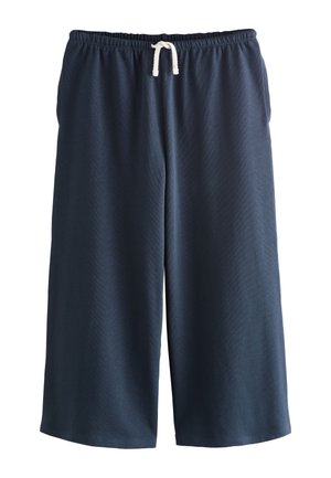 Marineblaue, knielange Shorts mit elastischem Bund und weißem Kordelzug, aus weichem Stoff, lässiger und bequemer Stil.