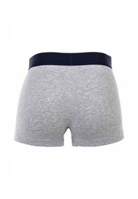Boxer shorts en coton gris avec une ceinture élastique bleu marine, présentant un design simple et une texture lisse. Aucune motif ou matériel visible.