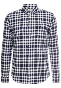 Camicia a maniche lunghe a quadri blu navy e bianca con colletto button-down, taschino frontale e bottoni bianchi, caratterizzata da un motivo a scacchi su tutta la superficie.