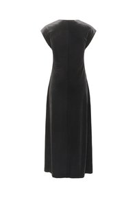 Schwarzes ärmelloses langes Samtkleid mit geradem Schnitt, von hinten auf einem weißen Hintergrund gezeigt.