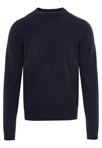 Pull col rond bleu marine en tissu tricoté doux. Doté de manches longues et de poignets et ourlet côtelés. Design minimaliste sans motifs visibles.