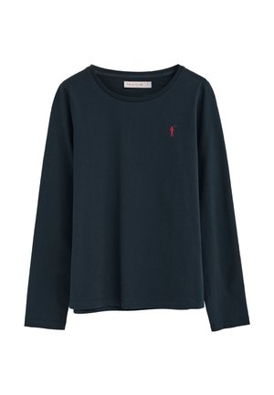 Maglia a maniche lunghe blu navy con scollo rotondo e piccolo logo rosso del giocatore di polo sul lato sinistro del petto, realizzata in tessuto liscio.