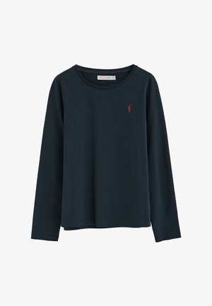 Maglia a maniche lunghe blu navy con scollo rotondo e piccolo logo rosso del giocatore di polo sul lato sinistro del petto, realizzata in tessuto liscio.