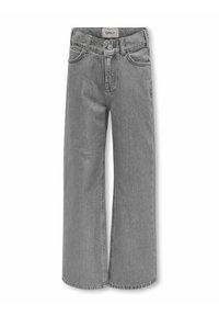 Jeans wide-leg in denim grigio con vita alta, caratterizzati da tasche frontali, chiusura con bottone e una trama liscia. Dettagli strappati sul tessuto.