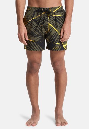 Schwarze Badeshorts mit gelbem Palmenblattmuster, einem elastischen Bund und Kordelzug, gefertigt aus leichtem, schnell trocknendem Material.