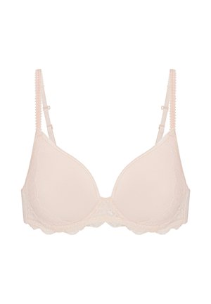 Beugel-bh met kant in licht nude, met gladde cups, verstelbare schouderbanden en een golvende rand aan de onderkant voor extra detail.