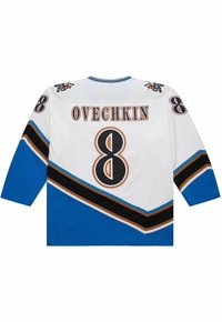 White hockey jersey featuring blue, black, and brown stripes. "OVECHKIN" and the number "8" prominently displayed on the back.