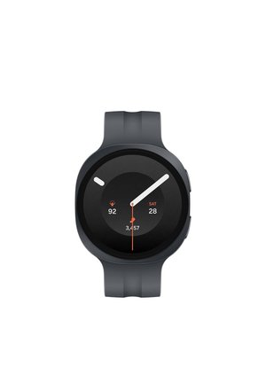 Black smartwatch with round face showing time, date, heart rate 92, and step count 3457 on black digital display.