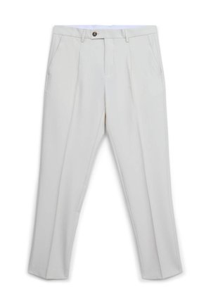 Helle graue Hose mit flachen Vorderteil, zwei Seiten Taschen und einem Knopfverschluss. Glatte Textur mit taillierter Passform.