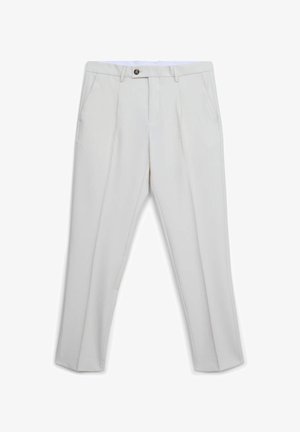 Helle graue Hose mit flachen Vorderteil, zwei Seiten Taschen und einem Knopfverschluss. Glatte Textur mit taillierter Passform.