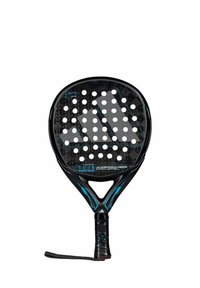 Black padel racket with a textured surface, rounded shape, and dotted pattern. Features blue accents and a black grip with a wrist strap.