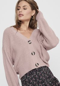 Lichtroze gebreide cardigan met een V-hals, oversized mouwen en twee ronde zilveren knopen aan de voorkant, gecombineerd met een rok met bloemenprint.