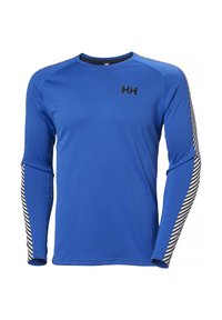 Dlouhý rukáv sportovního trička v živé modré barvě s texturovanou tkaninou, černým logem a pruhovanými akcenty na rukávech.