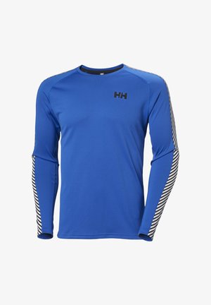 Dlouhý rukáv sportovního trička v živé modré barvě s texturovanou tkaninou, černým logem a pruhovanými akcenty na rukávech.