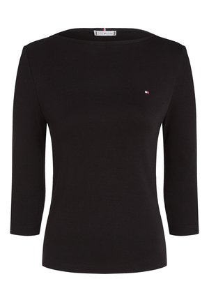 Black long-sleeve shirt made of soft cotton, featuring a wide neckline and a small logo in red, white, and blue on the left chest.