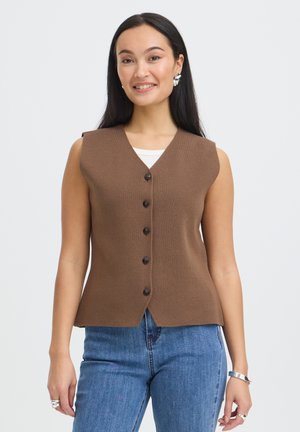Frau lächelt, trägt eine braune ärmellose Weste mit Knöpfen über einem weißen Top, blaue Jeans, silberne Ohrringe und Armbänder, steht vor einem schlichten Hintergrund.