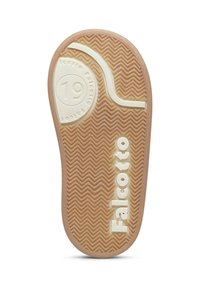 Suola di scarpa in gomma con motivo a spina di pesce, colore beige chiaro, con un logo circolare e il nome del marchio "Falcotto" in bianco.