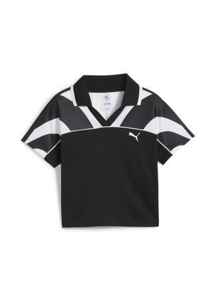 Black short-sleeve polo shirt with white accents and a v-neck design. Made of breathable material, featuring a small logo on the chest.