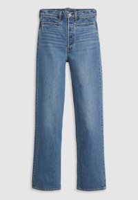 Jean en denim bleu droit avec braguette zippée, fermeture par bouton et deux poches avant horizontales sur fond blanc.