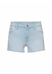 Pantalones cortos de mezclilla azul claro con un diseño ajustado, que cuentan con un cierre de botón, bolsillos frontales y costuras visibles a lo largo del dobladillo.