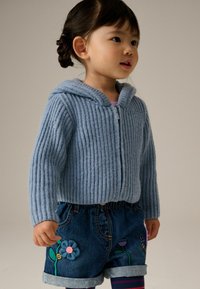 Jasnoniebieski sweter z prążkowanej dzianiny z kapturem i zamkiem, w połączeniu z podwiniętymi szortami dżinsowymi ozdobionymi kwiatowym haftem w jasnych kolorach.