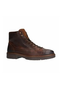 Bottes montantes en cuir marron avec un bout rond, une finition texturée, un laçage à l'avant et une semelle en caoutchouc avec des rainures de traction. Des œillets en laiton accentuent le design.