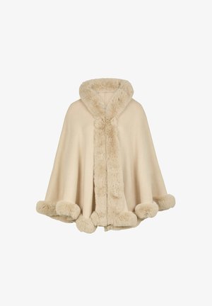 Cappa beige con un colletto e bordi in pelliccia sintetica morbida. Presenta un design ampio e fluido con bordi arrotondati; tessuto morbido in tutto il capo.