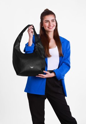 Black hobo bag made from smooth leather, featuring a curved shape and single, wide strap. A silver logo is displayed on the front.