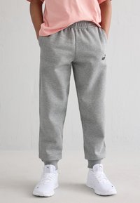 Pelēkas treniņbikses ar elastīgu jostasvietu un piedurknēm, ar sānu kabatām un mazu logotipu sānos. Valkātas ar baltām čībām.