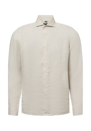 Light beige long-sleeve button-up shirt made of textured linen. Features a pointed collar and front button closure with matching buttons.