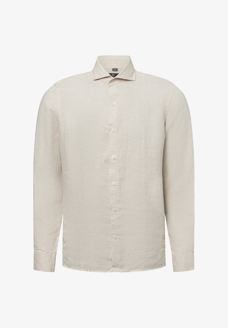 Helles beiges Langarm-Hemd mit Knopfleiste aus strukturiertem Leinen. Hat einen spitzen Kragen und eine Frontknopfleiste mit passenden Knöpfen.