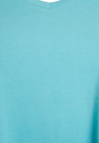 Tyrkysové tričko s výstřihem do V vyrobené z měkké bavlněné látky s hladkou strukturou a rovnoměrným šitím. Jednoduchý design, bez vzorů nebo akcentů.