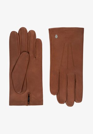Braune Lederhandschuhe mit fünf Fingern, einem gestickten Design auf der Rückseite und einer Öffnung am Handgelenk. Dezente Markenzeichen sind vorhanden.