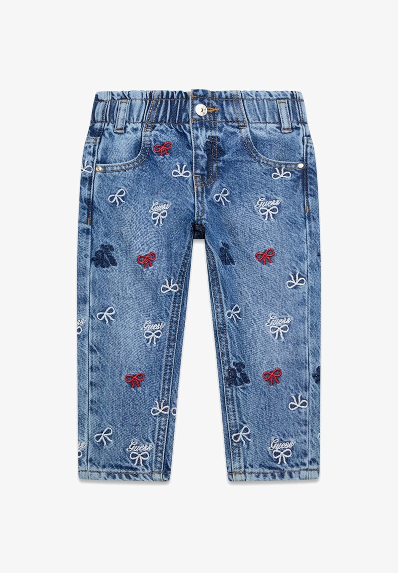 Jean en denim avec une taille élastique, ornés de jolis nœuds brodés en rouge, bleu et blanc. Design classique avec cinq poches.